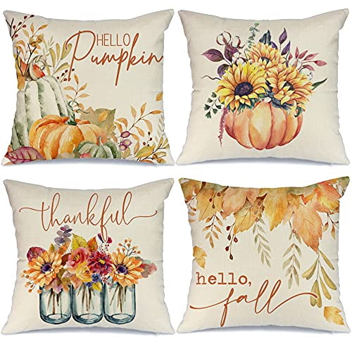 Couch Decorations Outdoor Fall Pillows Hello Fall Pumpkin Pillow Holiday Decorative Thanksgiving Autumn Fall Farmhouse Decor Pillow Covers Cases for Sofa Fall Pillow Covers 18x18 Set of 4 